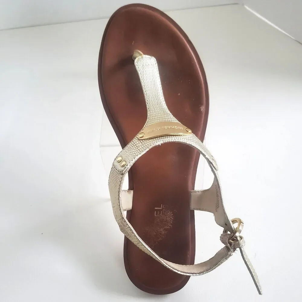 Michael Kors MK Plate Women's Thong Sandals Size 8M Gold Leather Ankle Strap
